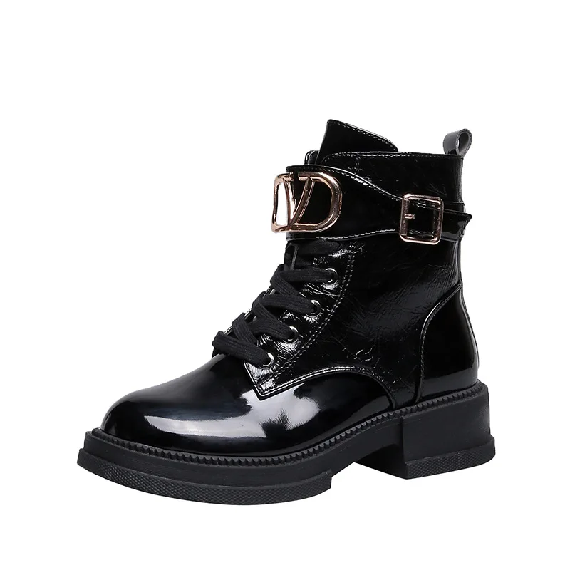 

Martin boots women 2020 new lace-up casual short boots women round toe thick heel belt buckle British style thick heel patent le