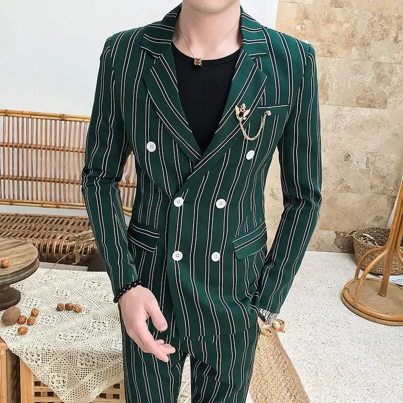 Men 2021 Spring Autumn Casual Business Wedding 2 Pieces Suits Male Double Breasted Blazer Jacket Trousers Pants Stripe Sets W384