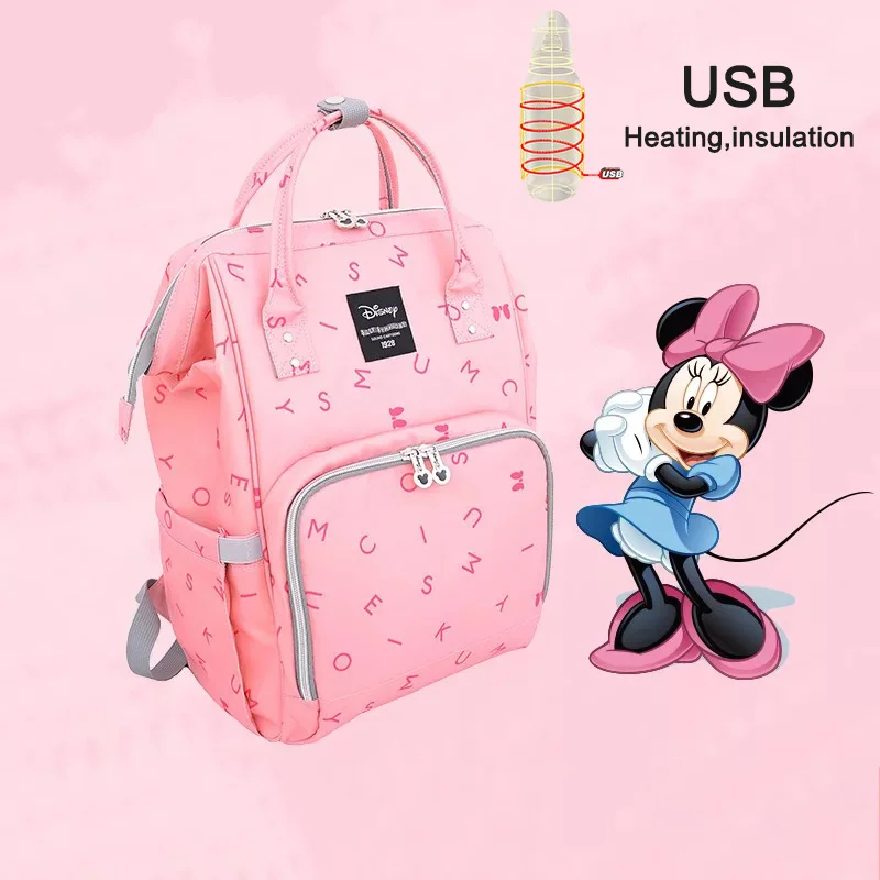 pink Disney Mommy водонепроницаемая сумка для подгузников, бутылочки для кормления, изоляционные сумки с USB нагревателем, рюкзак, детские сумки для мам, сумки для хранения - Цвет: pink