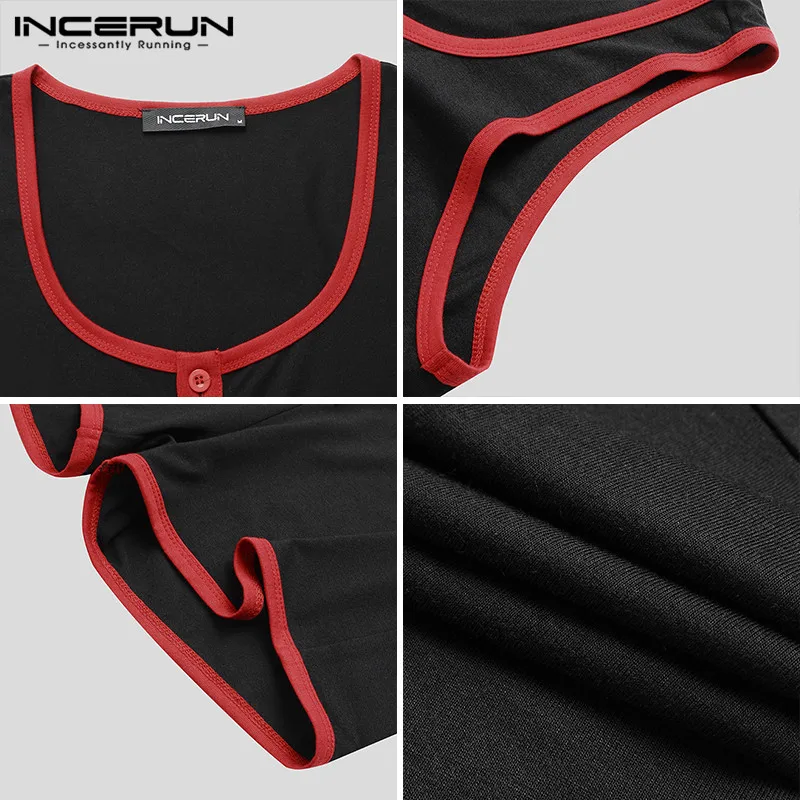 

INCERUN Fashion Patchwork Onesies Casual Button Jumpsuit Sleepwear Men Sleeveless Romper Pajamas Summer Man Fitness Homewear 5XL