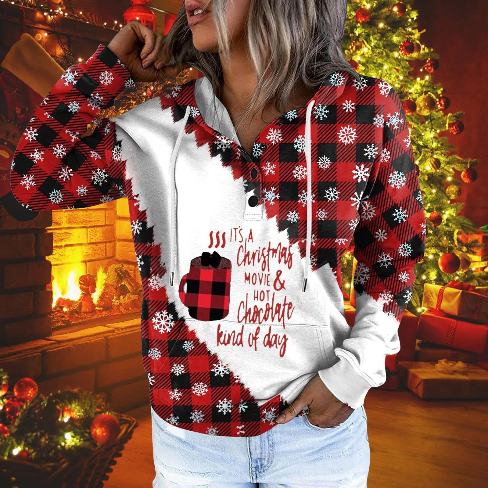 

Autumn Winter New Fahsion Casual Drawstring Button Tops Pullover Hoodies Women Vintage Christmas Printed Hooded Sweatshirts 2021