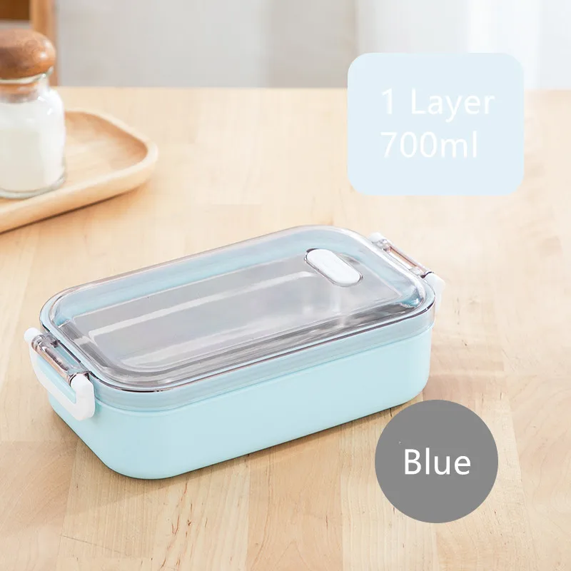 1 Layer Blue Портативный Ланч-бокс из нержавеющей стали 304, многослойные коробки для обедов бенто, набор посуды, микроволновая печь для взрослых, детский пищевой контейнер - Цвет: 1 Layer Blue
