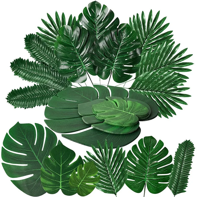 

72 шт. 6 видов искусственных тропических пальмовых листьев, искусственные листья с стеблями, товары для вечерние в джунглях