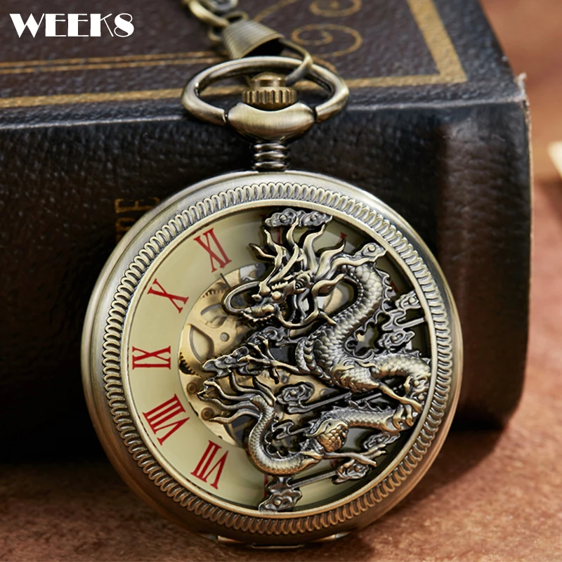 

Механические карманные часы с римскими цифрами, 3D дракон, античный скелет в стиле стимпанк, бронзовый браслет на цепочке, часы для мужчин и ж...