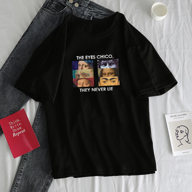 Van Gogh Summer new female short sleeve cartoon letters spoof ins tops funny art print tees Harajuku Ulzzang loose T-shirt