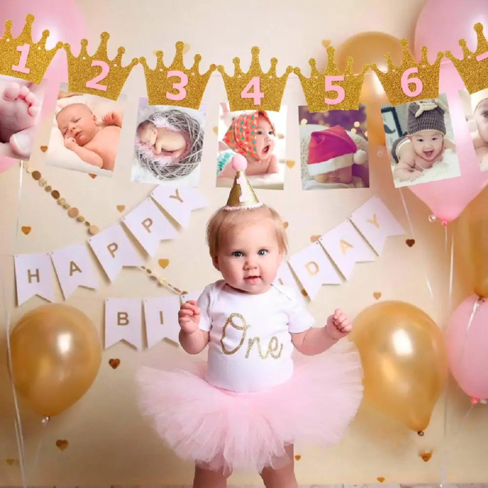 

Baby Shower Glitter Crown Digital Banner Photo Frame Birthday Party Monthly Photo Banner 1-12 Months Garland Party Decor