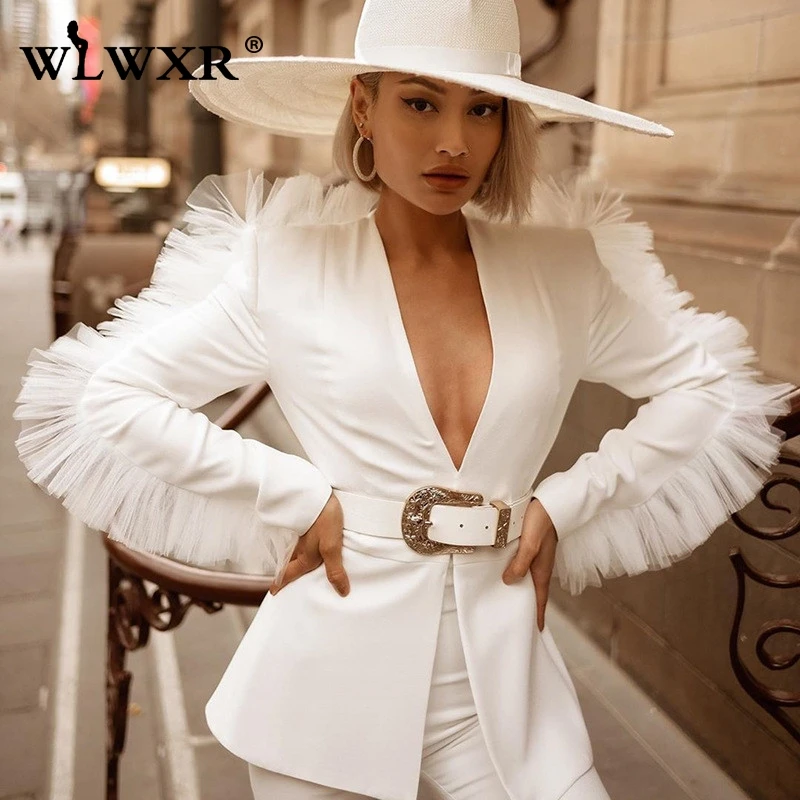 Женский костюм двойка WLWXR белый черный сетчатый пикантный блейзер с v образным