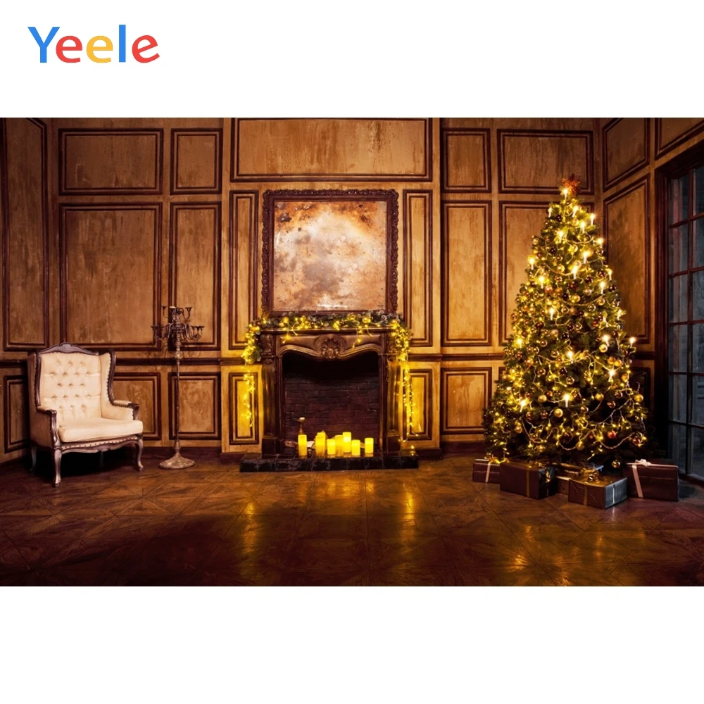 

Christmas Decor Tree Retro Candle Light Fireplace Chair Backdrop Photography Custom Photographic Background For Photo Studio