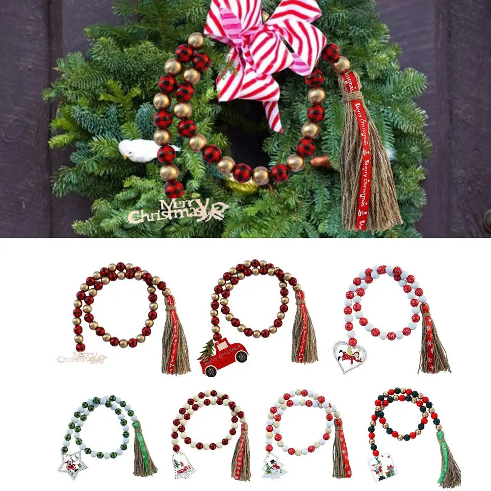 

1pcs Christmas DIY Wooden Bead Garland With Tassels Farmhouse Beads Rustic Country Decor Xmas Tree Wall Hanging Ornaments