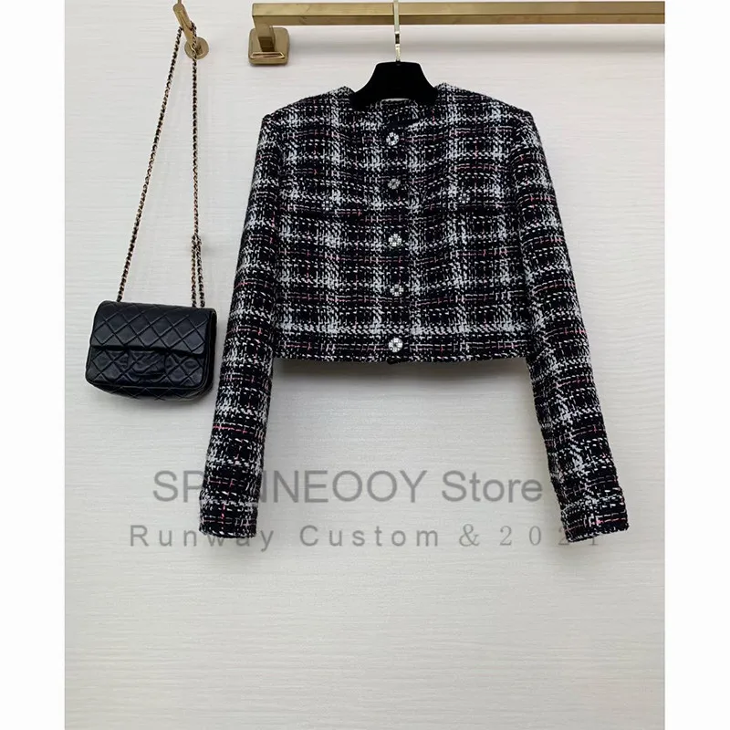 

SPENNEOOY Designer Brand Autumn Fashion Tweed Short Jackets Coat Women Silk Lining Single-Breasted High-End Overcoat Outwear