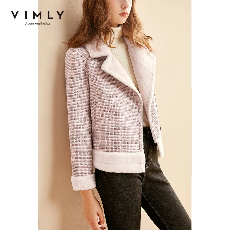 Vimly Женское пальто из искусственной овечьей шерсти винтажное клетчатое на молнии