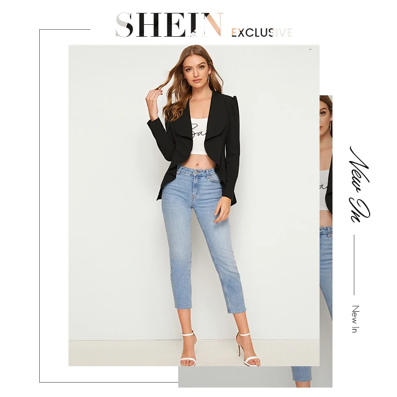 SHEIN сплошной водопад шеи асимметричный подол элегантный блейзер для женщин осень с пышными рукавами тонкий приталенный офисные женские куртки-блейзеры