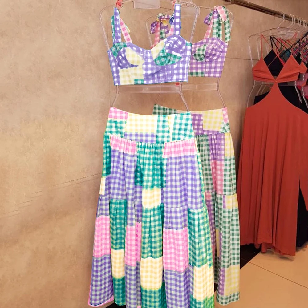 

2021 Sexy Colorful Plaid Bikini Set High Waist Swimwear Shoulder Strappy Bathing Suit Beachwear Biquini female