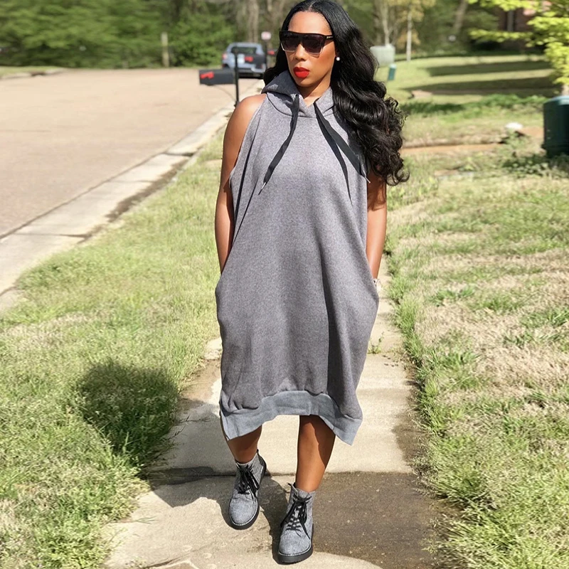 

Fashion Loose Hoodie Dress Off Shoulder Pocket Dresses for Women Casual Summer Clothes Streetwear Vintage Midi Dress