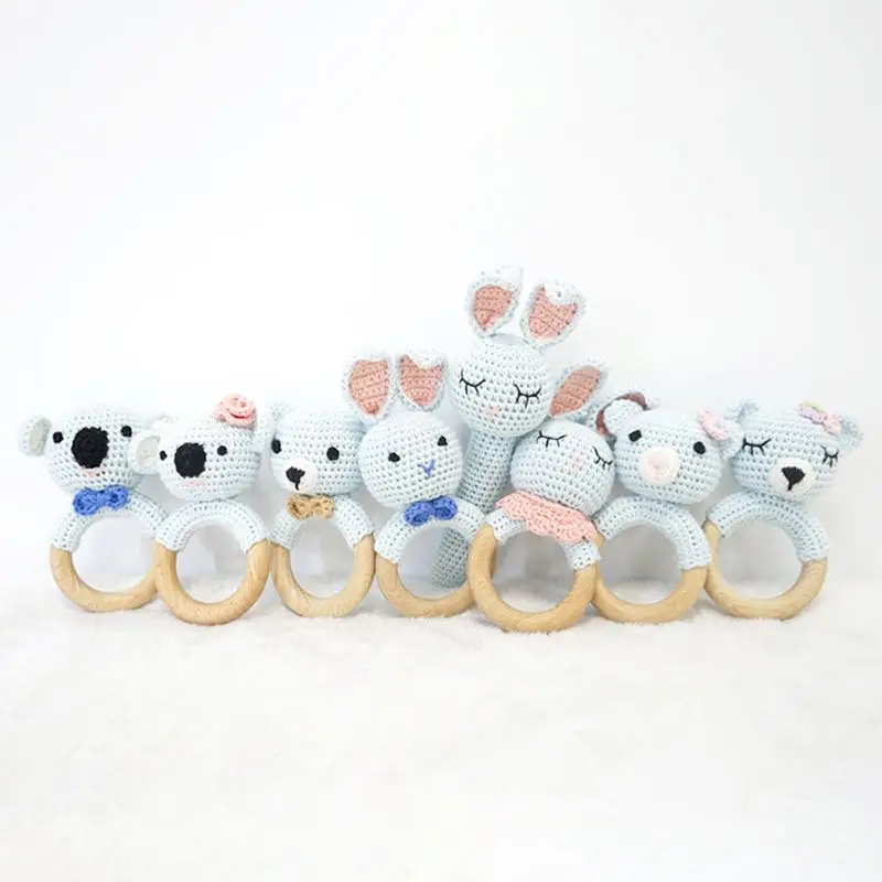

Cute 2Pcs/Set Baby Wood Teether Ring DIY Crochet Bunny Chew Teething Nursing Soother