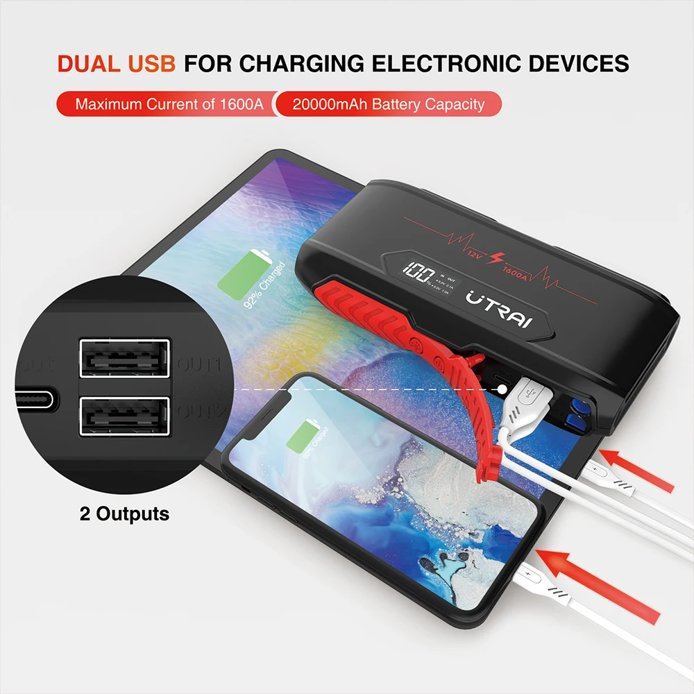 utrai car jump starter 20000mah 1600a portable emergency charger lithium ion battery power bank car booster starting device free global shipping