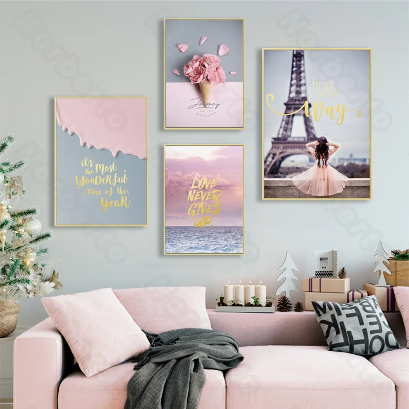 

Modern Style Canvas Painting Poster Watercolor Pictures Pink Roses and Other Flowers Eiffel Tower Quota for Home Rooms Wall Deco