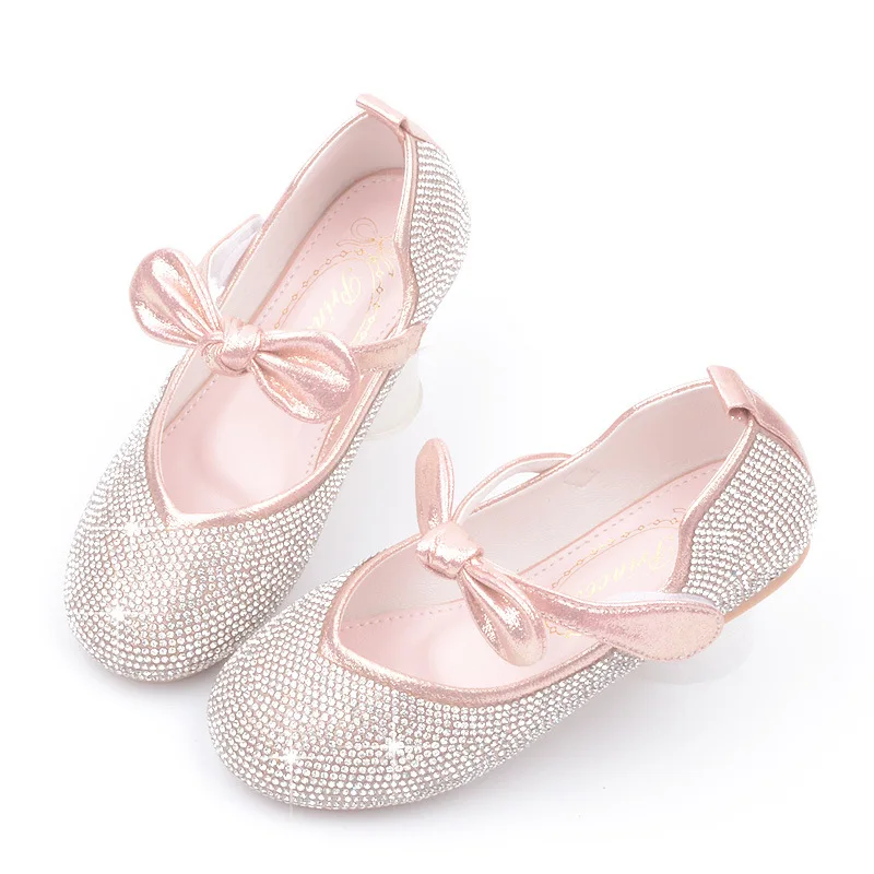 

New Gils Sweet Bow Princess Shoes Girls Single Shoes Sequins Flat Children's Performance Shoes Girls Crystal Soft Sole Shoes