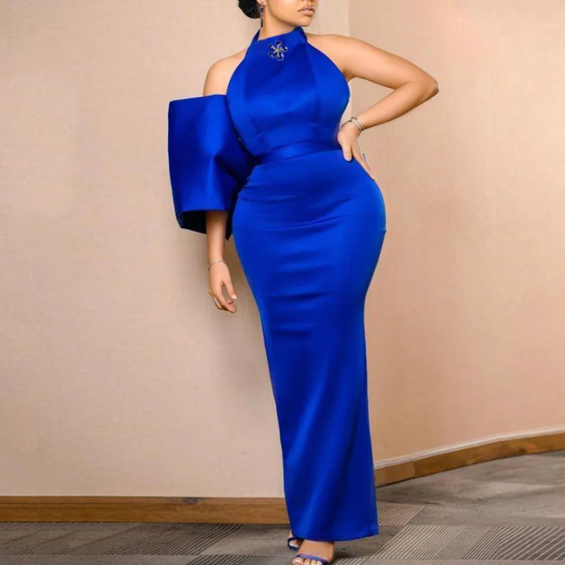 

Женское платье с лямкой на шее, однотонное длинное облегающее платье с рукавами-фонариками и одним рукавом, элегантное вечернее платье для ...