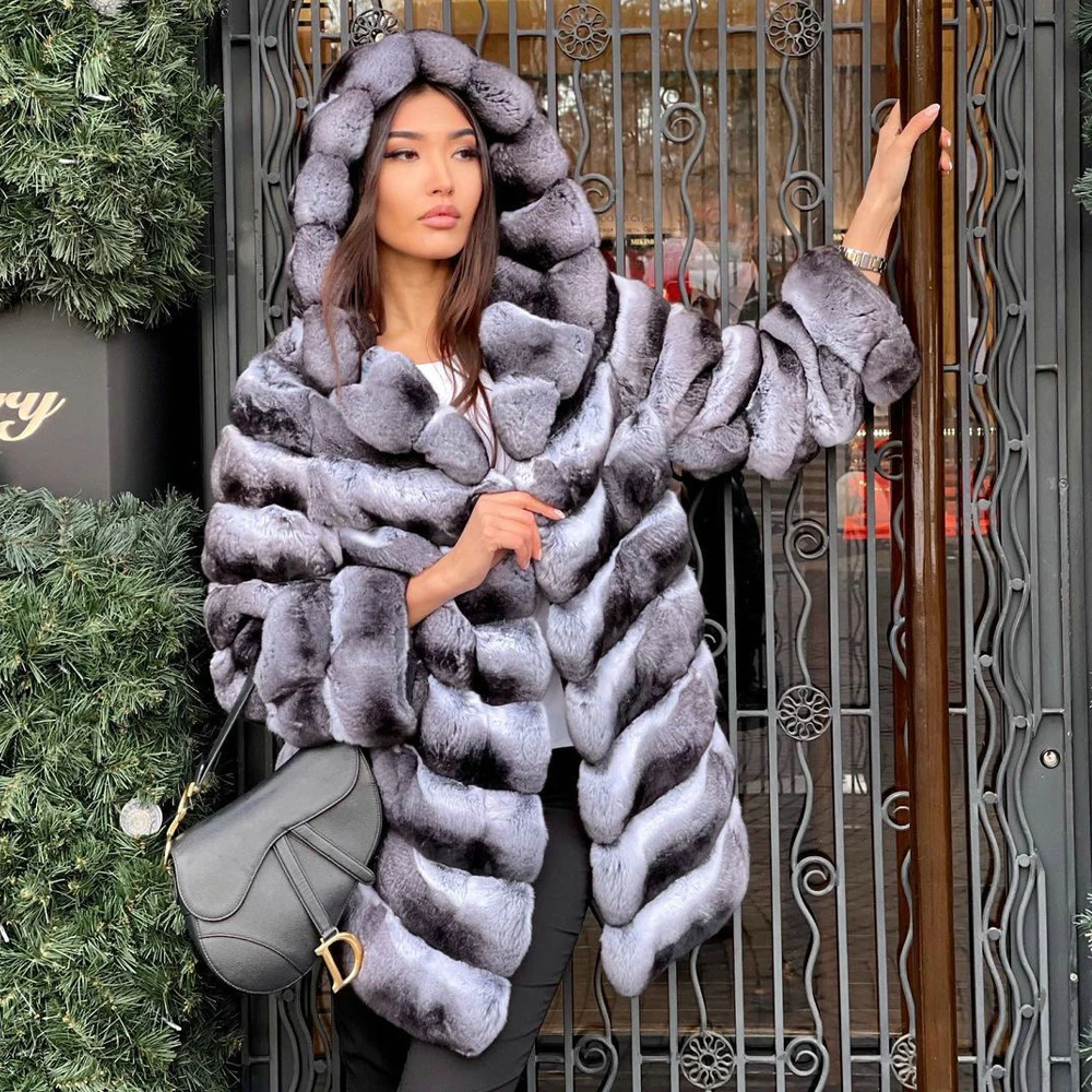 Women Real Rex Rabbit Fur Coat with Hood Winter Fashion Medium Length Natural Rex Rabbit Fur Jacket Chinchilla Color Overcoats