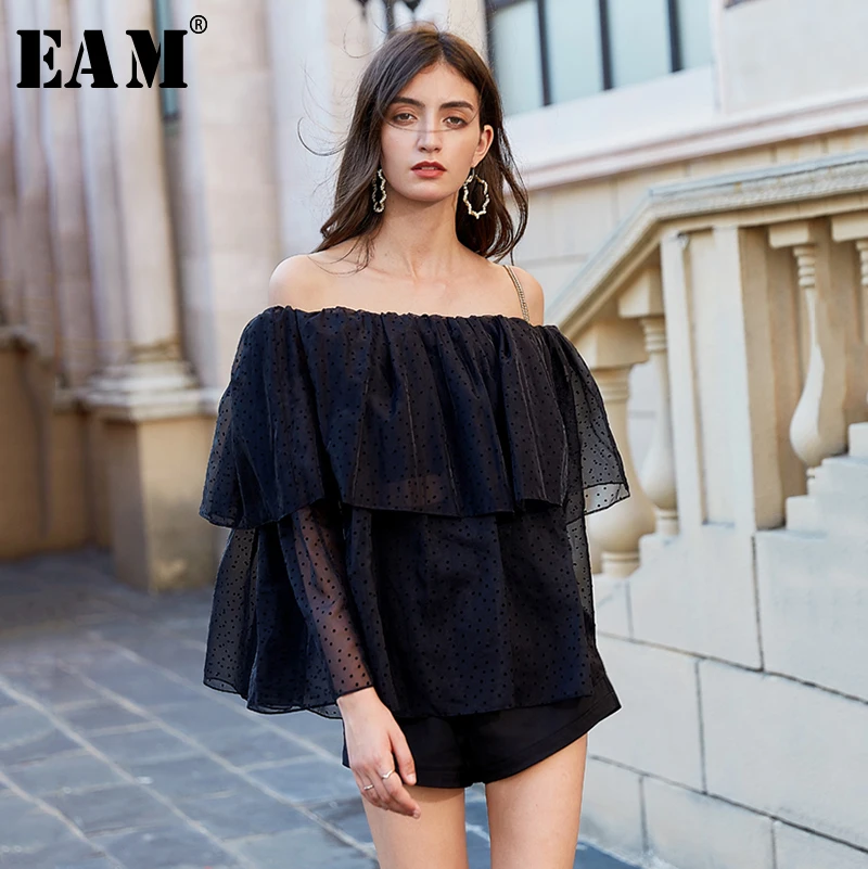 [EAM] Женская черная сетчатая блузка в горошек с разрезом новая свободная рубашка