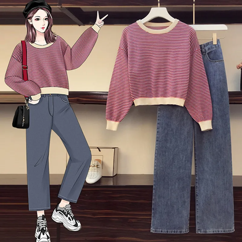 Харадзюку полосатый вязаный пуловер Топы для женщин из двух частей Широкие