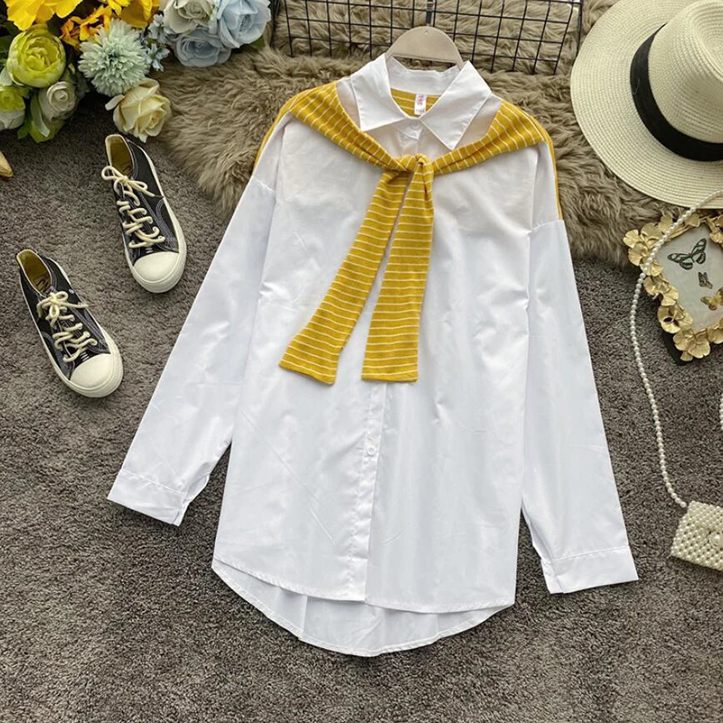 Женская блузка из двух предметов белая однотонная с длинным рукавом офисная