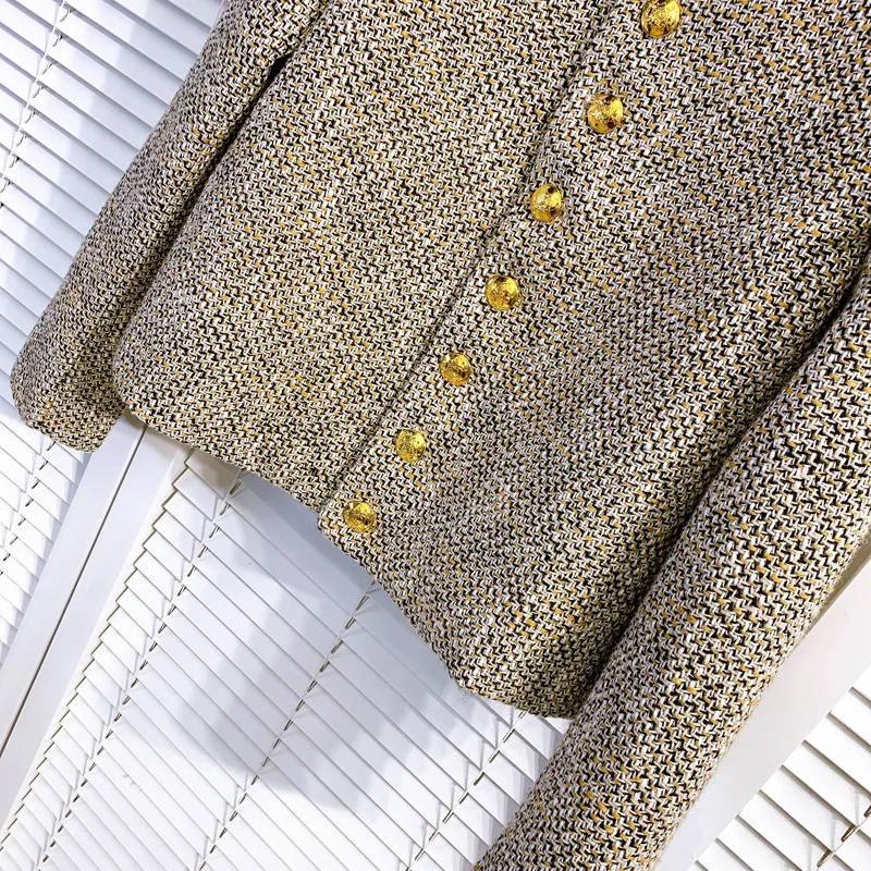 

2021 Runway Designers Winter Jacket Women 2020 Vintage Gold Buttons Long Sleeve Houndstooth Short Slim Women Outwear