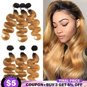 T1B27 Ombre бразильские волнистые пучки волос 8-26 дюймов медово-светлые человеческие волосы для наращивания 134 шт. не Реми пупряди волос для плетения