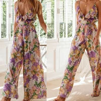 2021 spring women floral jumpsuits summer elastic waist ruffle romper women v neck button wild leg boho playsuits female new