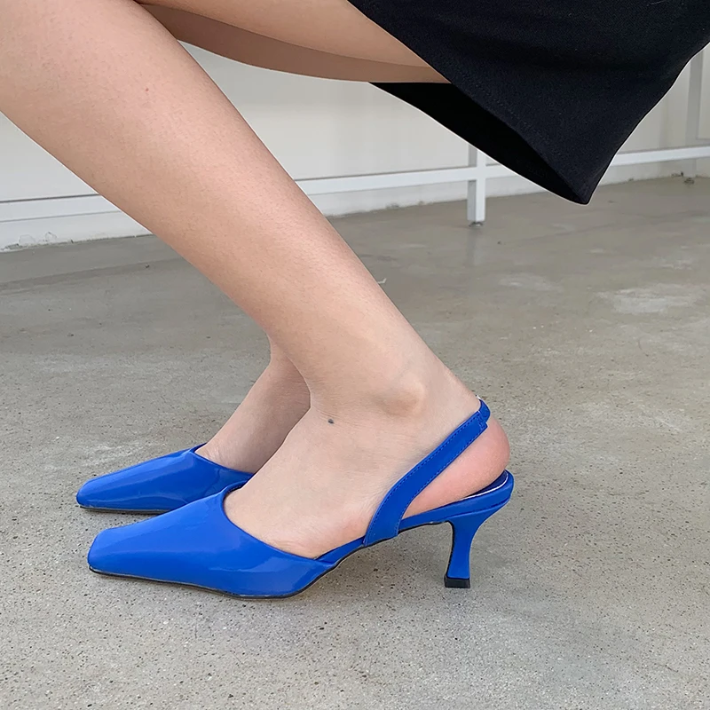 

Fashion Women Sandals Square Toe Back Strap Thin Mid Heels Black/White/Blue Elegant Party Sandals Casual Slides Dress Shoes 39