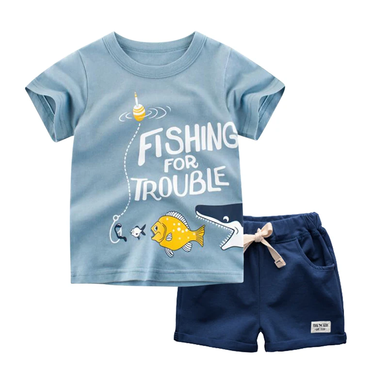 BINIDUCKLING Summer Toddler Boy Clothes Set Cartoon Cotton Blue Short Sleeve T-shirt+Shorts 2PCS For Kid Children Clothing Sets |