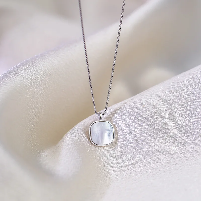 925 Sterling Silver Shell Square Bead Charm Pendant Choker Korean Statement Necklace Wedding Jewelry For Women dz844