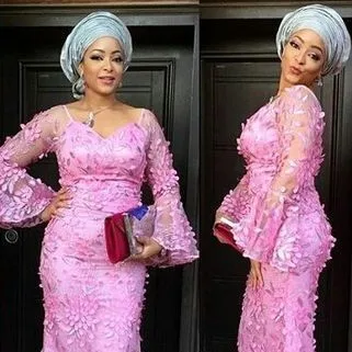 Aso Ebi Sytle розовый ручной работы цветочные оболочка с длинными рукавами милая длина