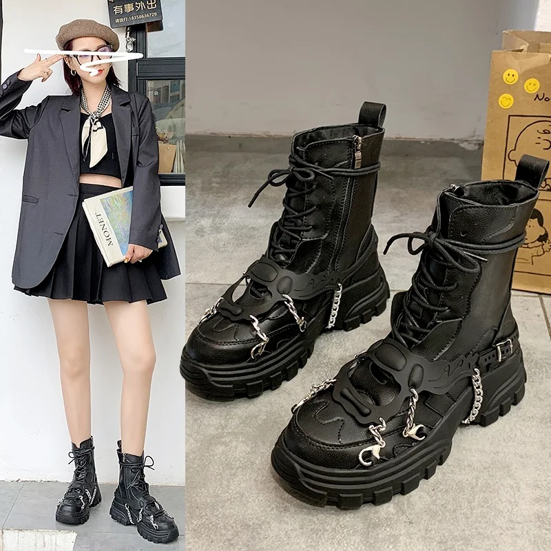 

Platform Boots Ladies Punk Gothic for Women's New Combat Boots Casual Black Metal Button Knight Booties Female Motorcycle Shoes