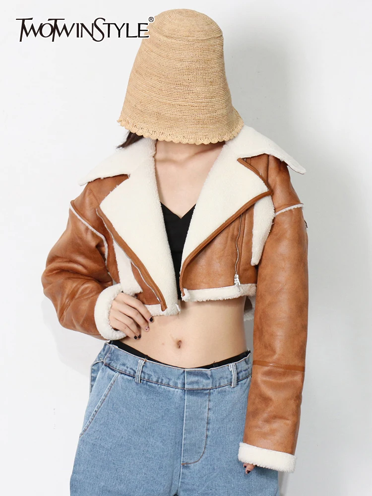 

TWOTWINSTYLE Color Block Casual Short Jacket For Women Lapel Long Sleeve Temperament Thick Jackets Female Fashion New Winter