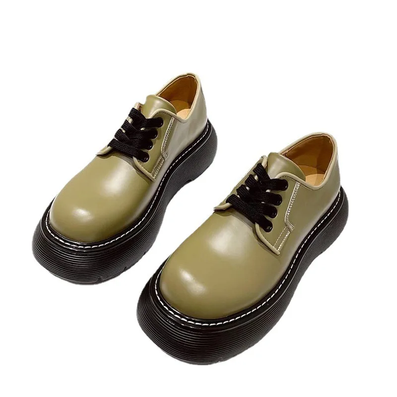 Shoes Women Genuine British cow women's shoes 2021 Leather  Round Toe Cross-Tied Thick Sole Ladies Shoes Slip On Flat Shoes