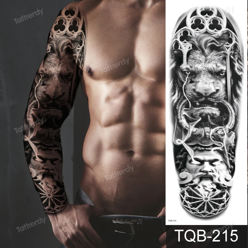 Временные татуировки рукав полная рука поддельные Роза Тигр король лев череп