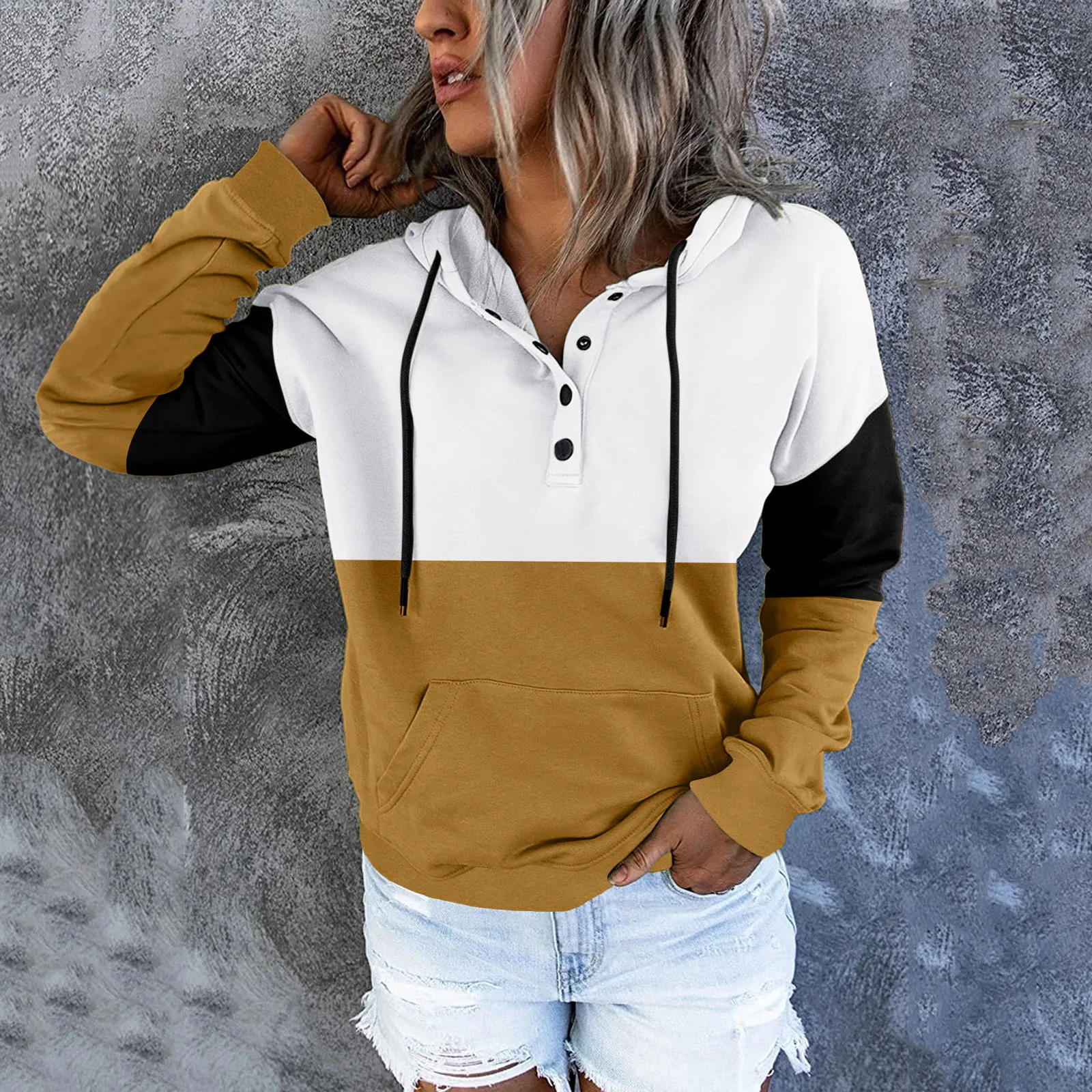 

2021 Autumn Winter Women Patchwork Fleece Hooded Sweatshirt Fashion Casual Thicken Drawstring Pocket Hoodies Pullover Top Female