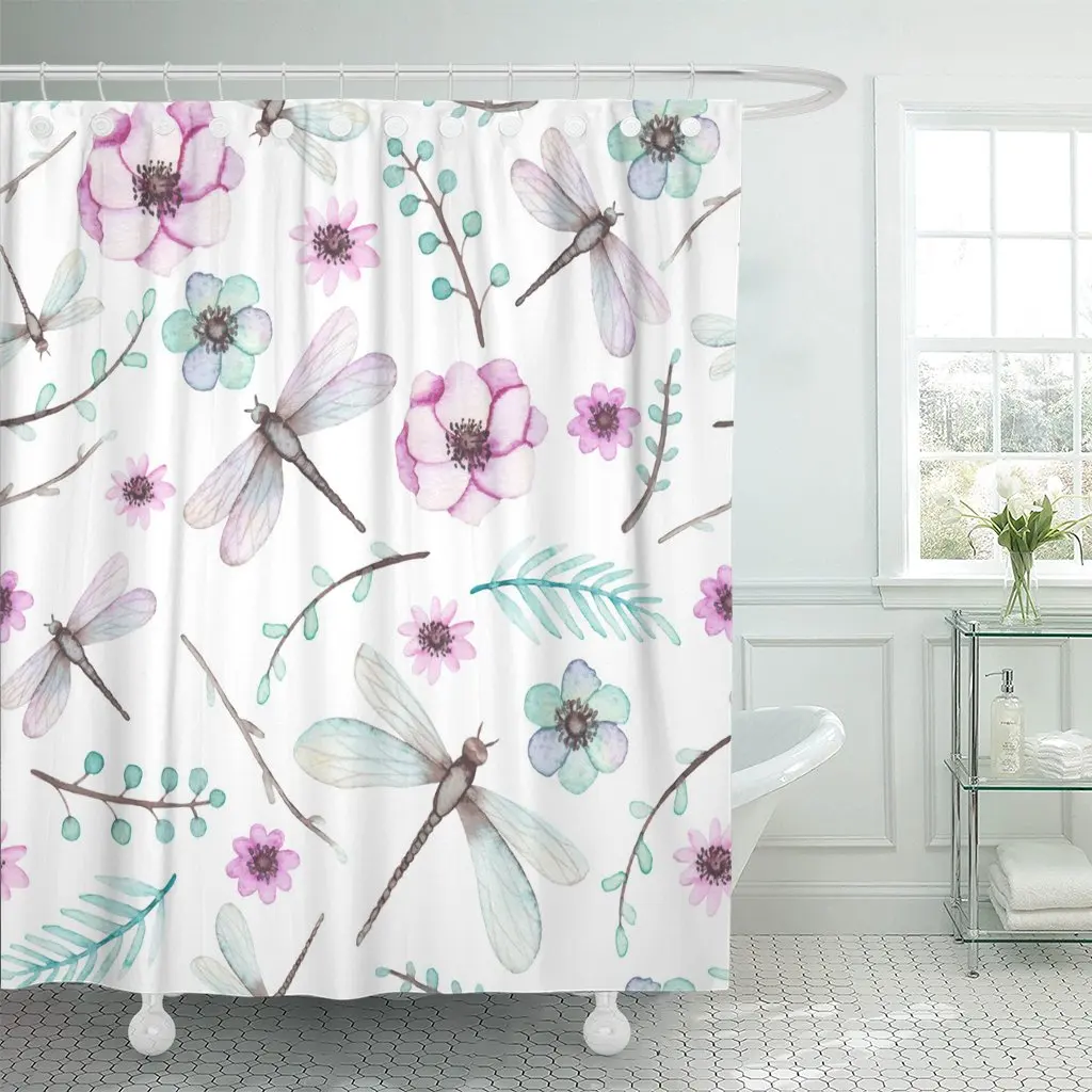 Красочные акварельные розовые цветы стрекозы и светильник синие листья