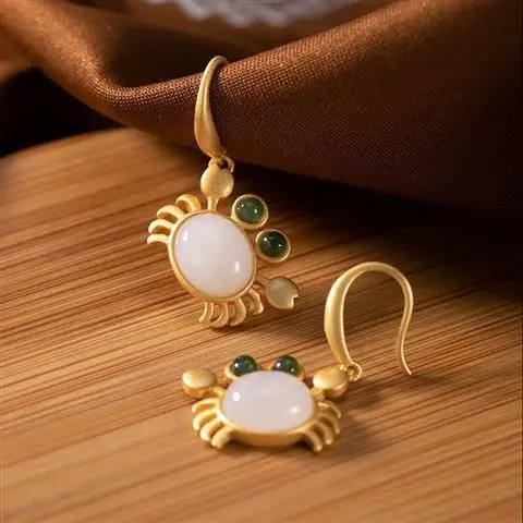 

Original Craft S925 Sterling Silver Gilding Hetian Jade Personality Crab Set High-End Women's Earrings Eardrops Ring Set