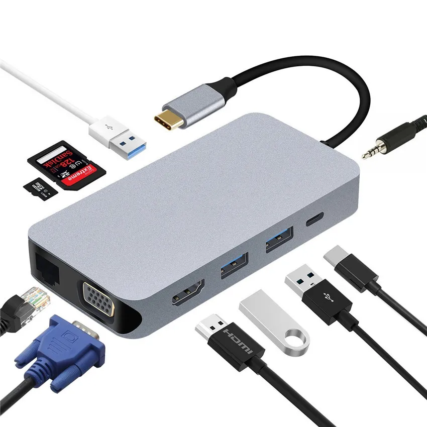 Тип c до VGA HDMI USB HUB Кабель Переходник C на RJ45 SD TF карты с 3 5 мм гнездо для наушников и