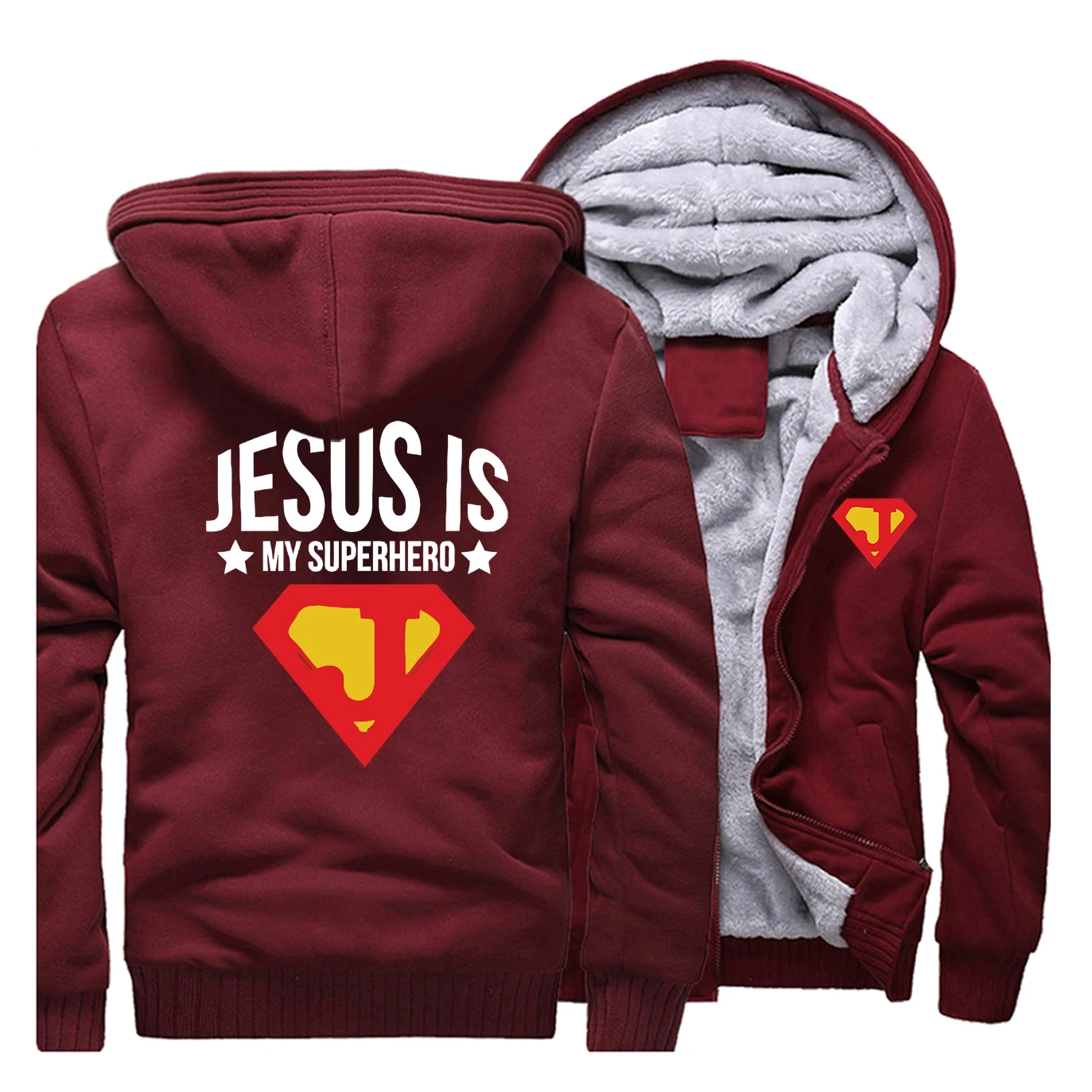 Jesus is my superhero, мужская уличная куртка с принтом,, зимнее флисовое теплое Мужское пальто в стиле хип-хоп, забавные мужские плотные толстовки с капюшоном, толстовка - Цвет: Wine Red 5