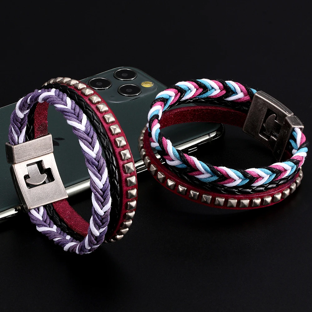 Этнический многослойный Плетеный кожаный шнур браслеты для мужчин и женщин