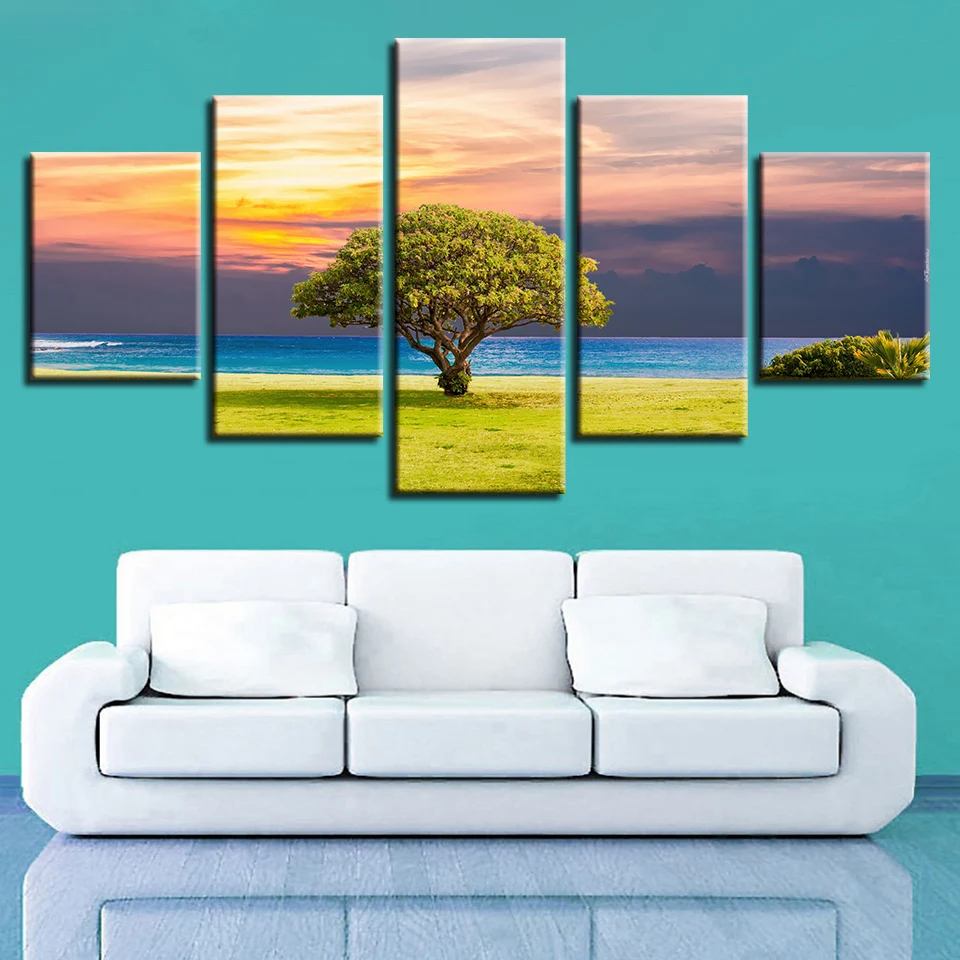 Пейзаж с изображением моря пляжа восход на океане небо Маяк Тропический 5 шт.