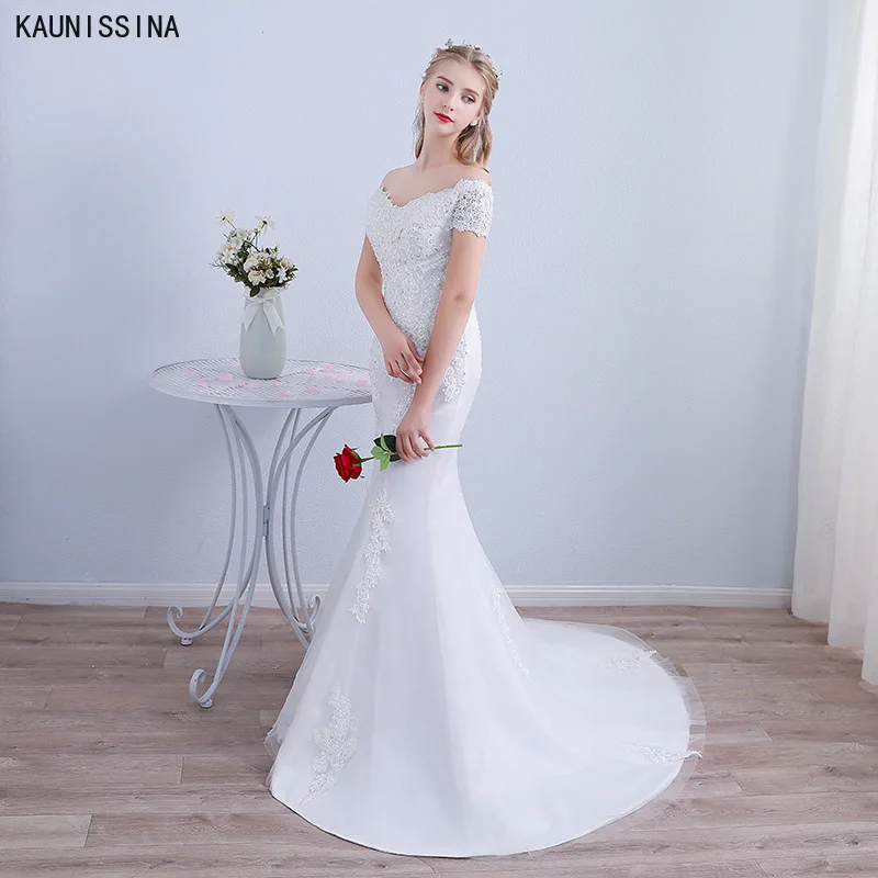 

Buteaful Elegant Mermaid Wedding Dress Short Sleeve Sexy Off the Shoulder Wedding Gowns Beading Lace Fishtail Bride Dress