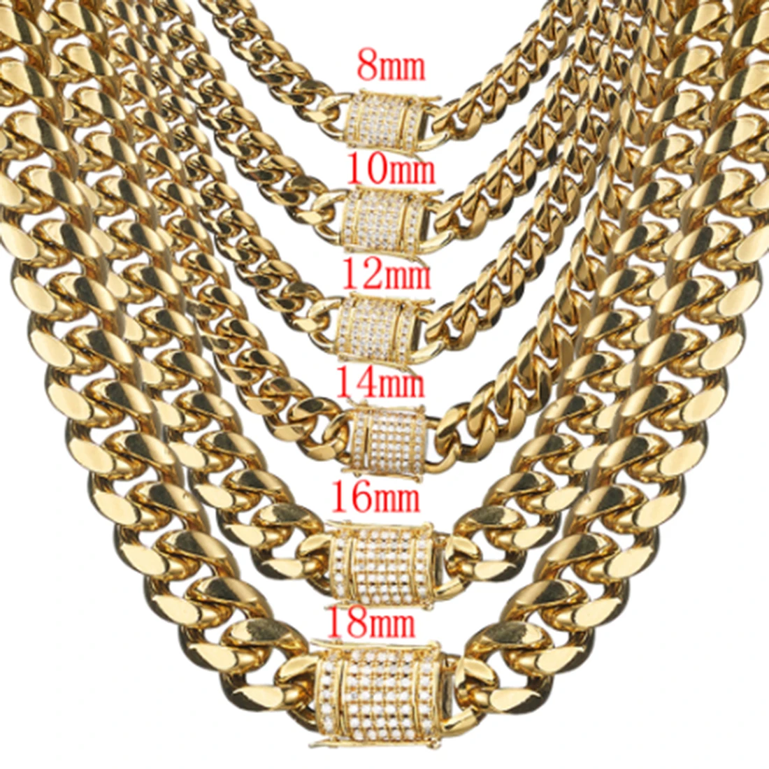 Trendy Zircon 8-18MM Stainless Steel Gold Dragon Claw Clasp Jewelry Miami Cuban Chain Mens/Womens Necklace Or Bracelet 7