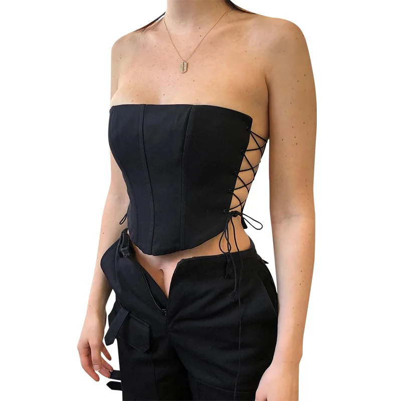 

Sexy Bandage Corset Crop Top Harajuku Y2k Black Top Summer Spring Women off Shoulder Tied Tops 2021 Fashion Clothes Clubwear