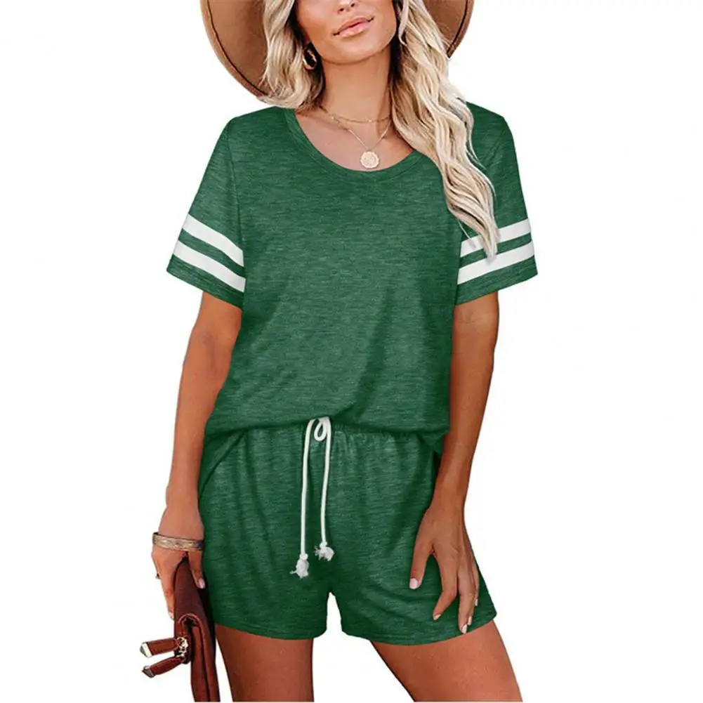 

Hot Sales!!!Outfit Short Sleeve Top Drawstring Short Pants Women Stripes T-shirt Mid Rise Shorts Loose Tracksuit for Summer