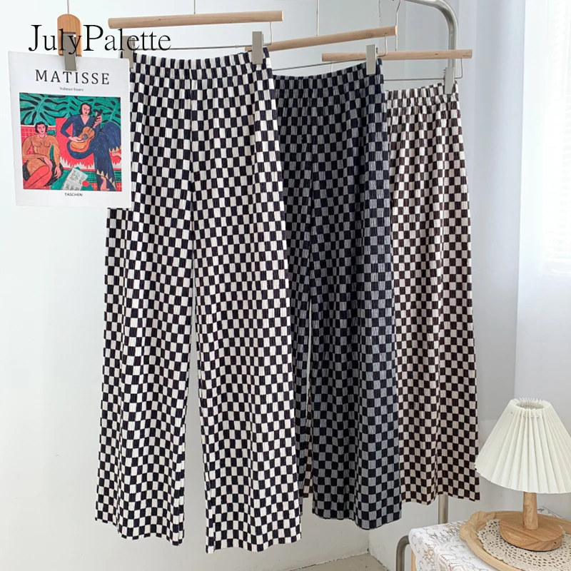 

Julypalette Black and white Checkerboard High Wasit Wide-leg Pants Women Korean Casual Long Pants Female Loose Straight Trousers